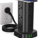 Power Strip with Wireless Charger, Flat Plug Surge Protector with 6FT Extension Cord, 12 AC Multiple Outlets, 4 USB (2 USB C), 15W Wireless Charging Power Tower for Home Office Dorm, Black