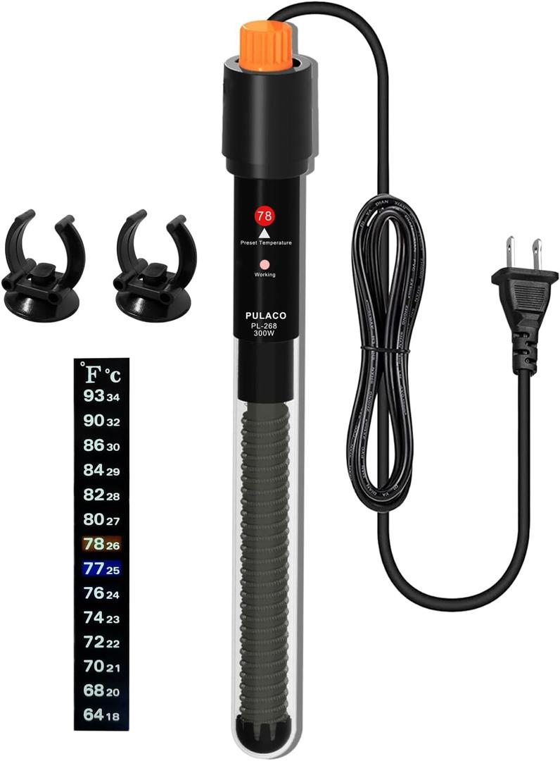 2 x PULACO 300Watt Aquarium Heater for 50-70 Gallon Fish Tank, Adjustable Submersible Heater Thermostat with Thermometer Strip and Suction Cup