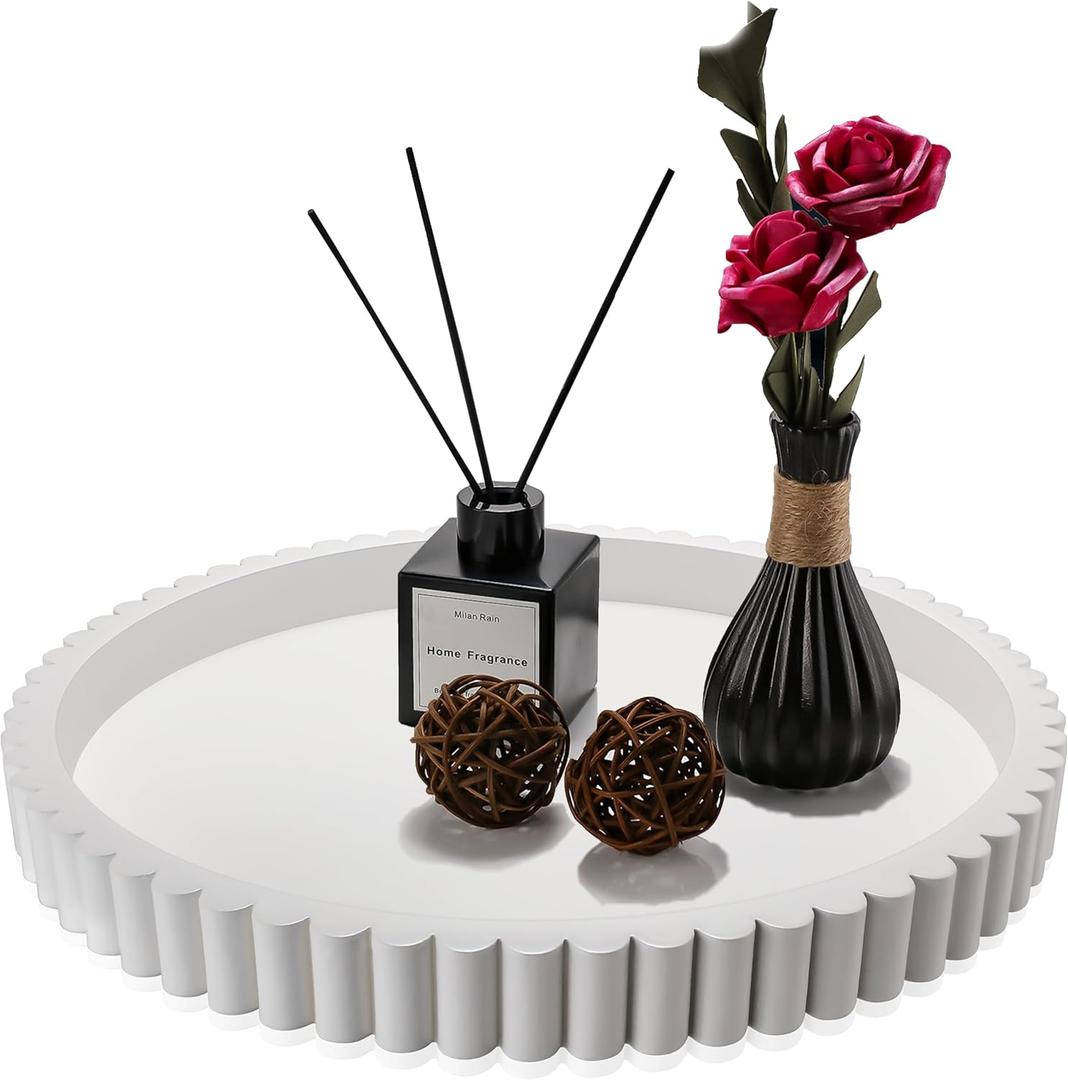 Handmade 12in Decorative Tray for Coffee Table Tray Decor, White Wooden Decorative Round Tray for Coffee Table, Dining Room Table Entryway and Living Room Table