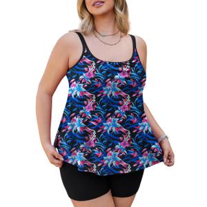 Tralilbee Tankini Swimsuits for Women Two Piece Bathing Suits Floral Flowy Tankini Top with Shorts Black, 2X (Black, XXL)
