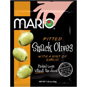 Mario Camacho Foods Pitted Snack Olives - Green Olives with a Hint of Garlic - 1.05 oz Pouches (Pack of 12), Best By: 10/26/2025
