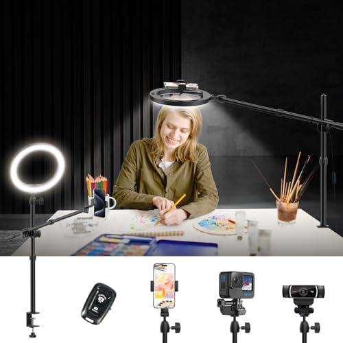 LUXSURE Ring Light for Desk, 10" LED Ring Light with Stand, Overhead Camera/Phone Mount, Stable Phone Tripod with Light for Video Recording/Live Streaming/Cooking/Content Creation