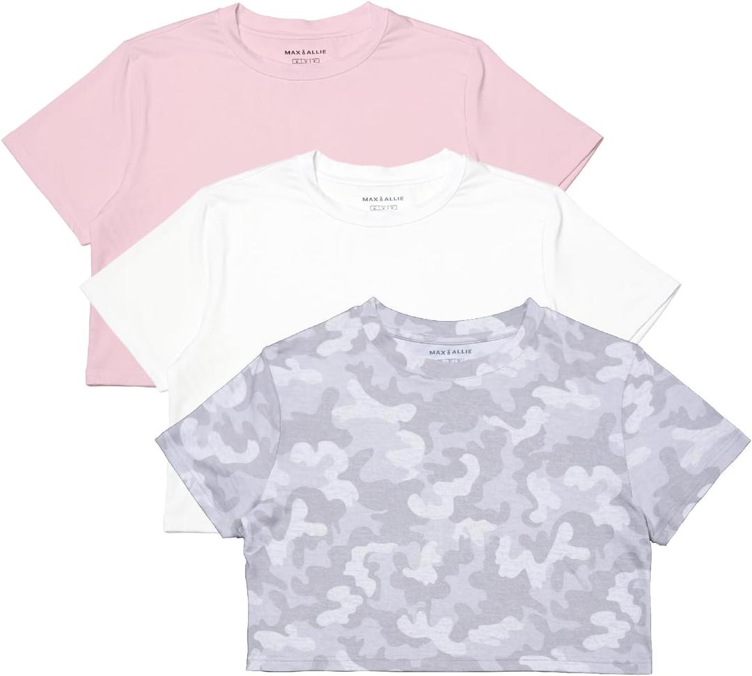 MAX ALLIE Women's Ultra Soft Cropped T Shirt Crew Neck Tees Casual Loose Fit Basic Lightweight (XX-Large, White/Camo/Pink)