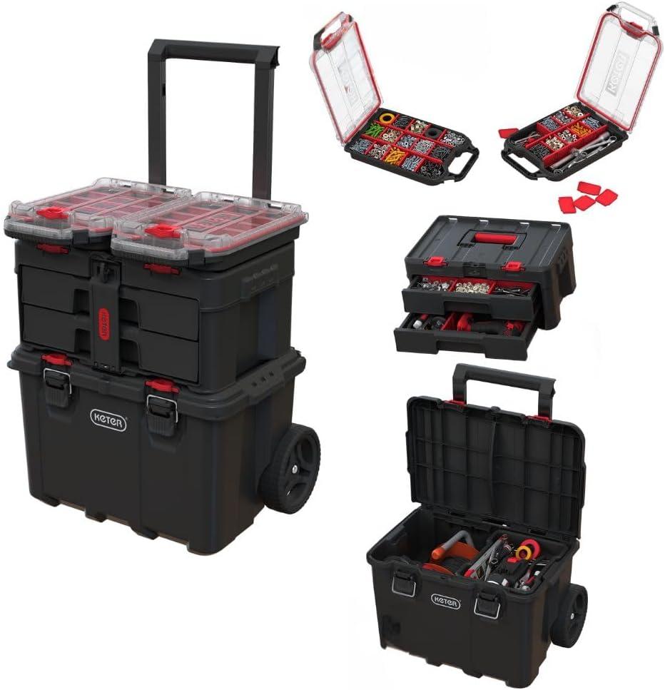 Stack N Roll 4-Piece Rolling Tool Storage System Includes Large Rolling Tool Box, 2-Drawer Tool Box & 2 Tray Organizers | Modular Stackable Tool Storage with Wheels for Garage & Workshop