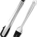 Heat-Resistant Kitchen Tongs and Basting Brush Set - 600 Stainless Steel Cooking Tongs with Metal Locking Mechanism - Ideal for Cooking, Grilling Steak, Baking Bread, and BBQ,(Silver 2Pcs)