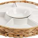 AVLA Ceramic Divided Serving Dishes, Porcelain Relish Tray, Party Appetizer Platter, 6 Removable Snack Bowls with Cattail Basket for Chips and Dips, Candy, Nut, Condiment, Veggie, Portable Handle