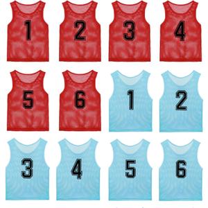 Pinnies Team Practice Vests with Numbers for Child Youth Teen Adult, Mesh Scrimmage Jerseys for Soccer, Football (Child/5-10 Years Old, Red-6 + Blue-6)