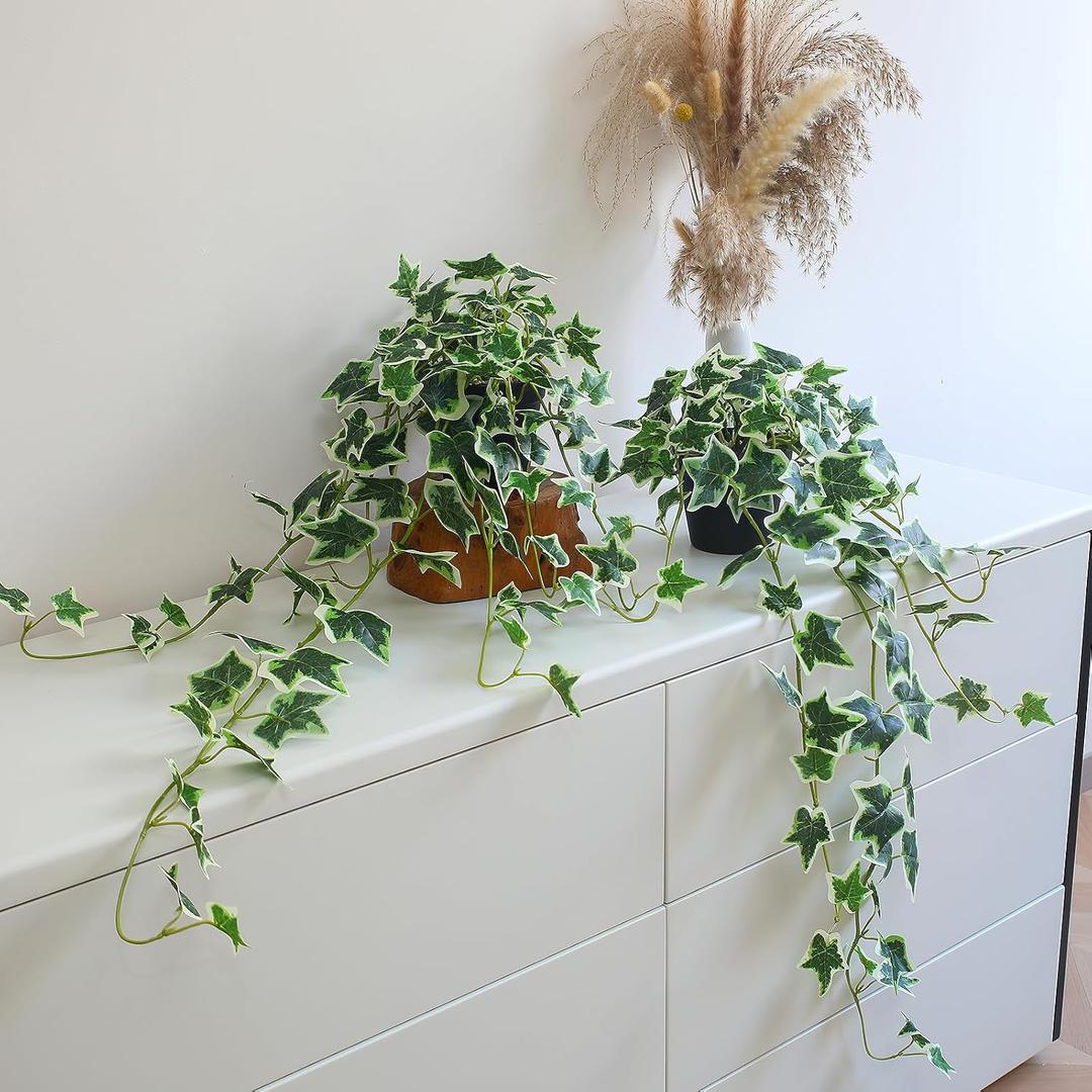 Fake English Ivy Plants in Pots Set of 2 Realistic Artificial Ivy Greenery for Home Decor, Tabletop, Office, Shelf, Balcony, Lifelike Faux Hanging Vines, No Maintenance Required - White and Green