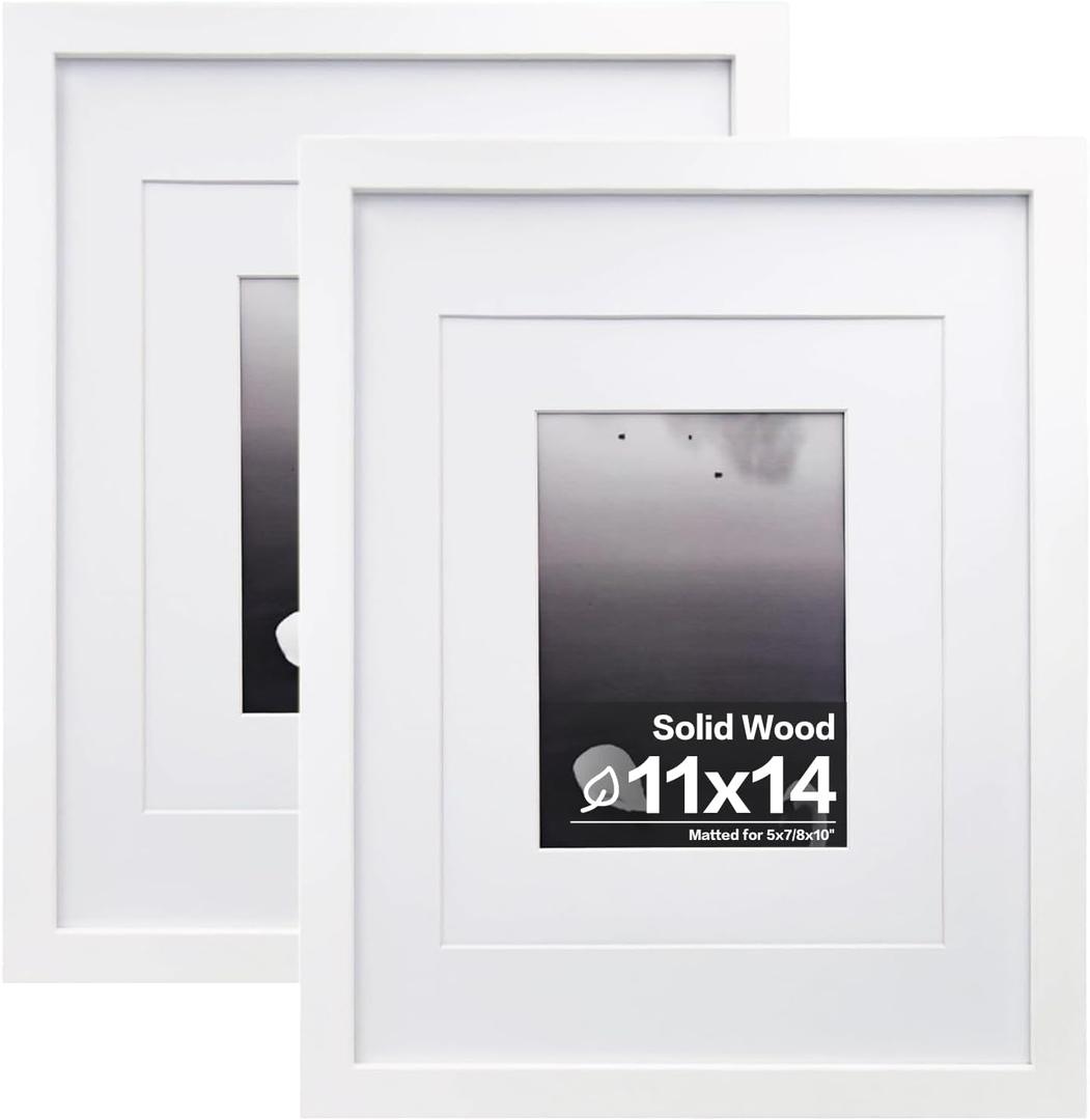 2 x Egofine 11x14 Picture Frames Made of Solid Wood 2 PCS White Covered by Plexiglass - for Table Top and Wall Mounting for Pictures 8x10 or 5x7 with Mat Horizontally or Vertically Display Photo Frame