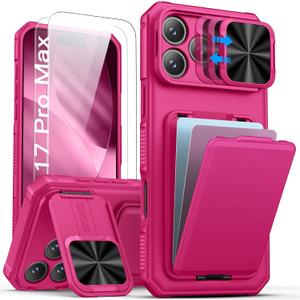SSLOTSCASE for iPhone 17 Pro Max Case with 2X Screen Protector, [9H Hardness] Military Grade Shatterproof, Card Holder & Kickstand & Slide Lens Cover, Heavy Duty Phone Case for iPhone 17 Pro Max, Pink