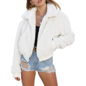 AKEWEI Women's Short Faux Fur Coat Casual Shaggy Jacket with Pockets Warm Winter Zip-Up Fluffy Outwear (Large, White)