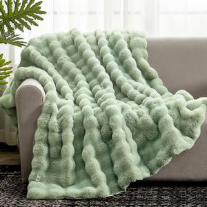 Cozy Bliss Faux Fur Throw Blanket for Couch, Fuzzy Soft Plush Thick Bubble Blanket for Sofa Bedroom Living Room, 50 * 60 Inches Sage Green