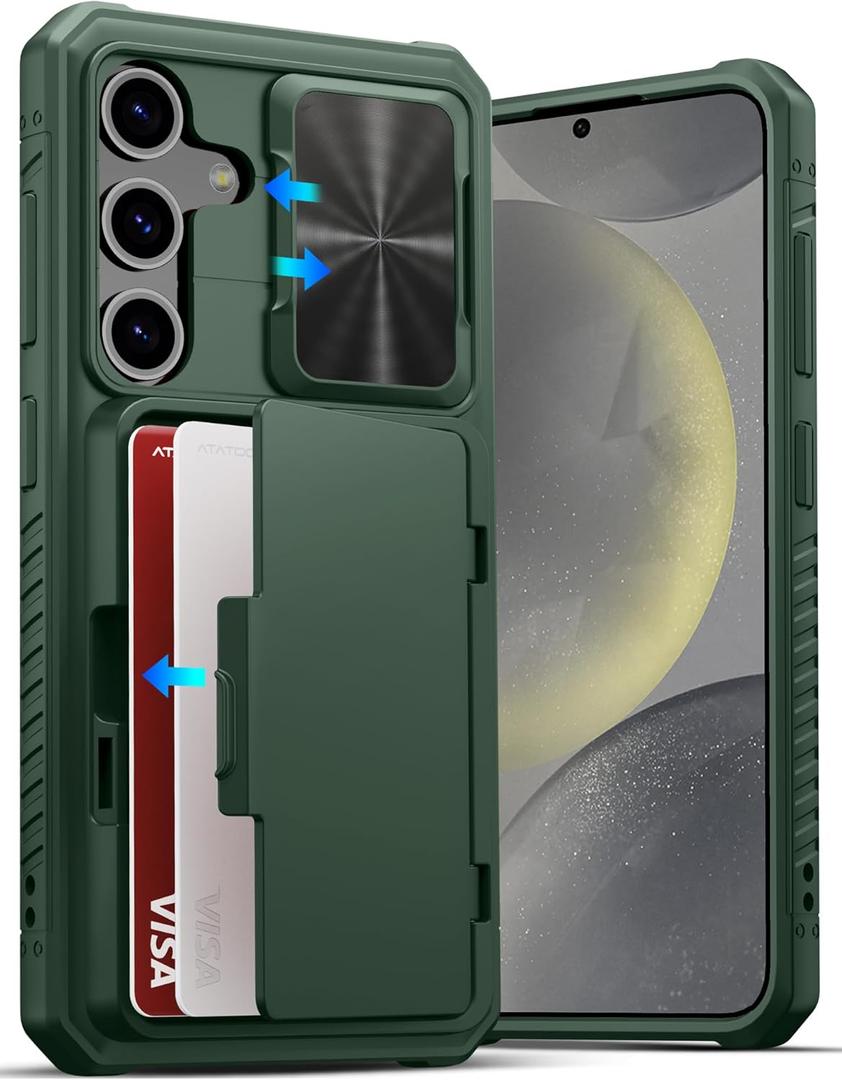 ATATOO for Samsung Galaxy S24 Case with Card Holder (Store 4-5 Cards) & Slide Camera Cover & Kickstand, [Military Grade Drop Protection], Rugged Silicone Wallet Case for Samsung S24 2024, Green