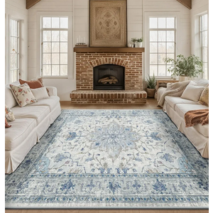 Area Rugs Square 8ft Washable Non-Slip, Floral Vintage Distress Print Pattern Medallion Carpet for Living Room Bedroom Dining Room, Light Blue Navy Beige Gray White