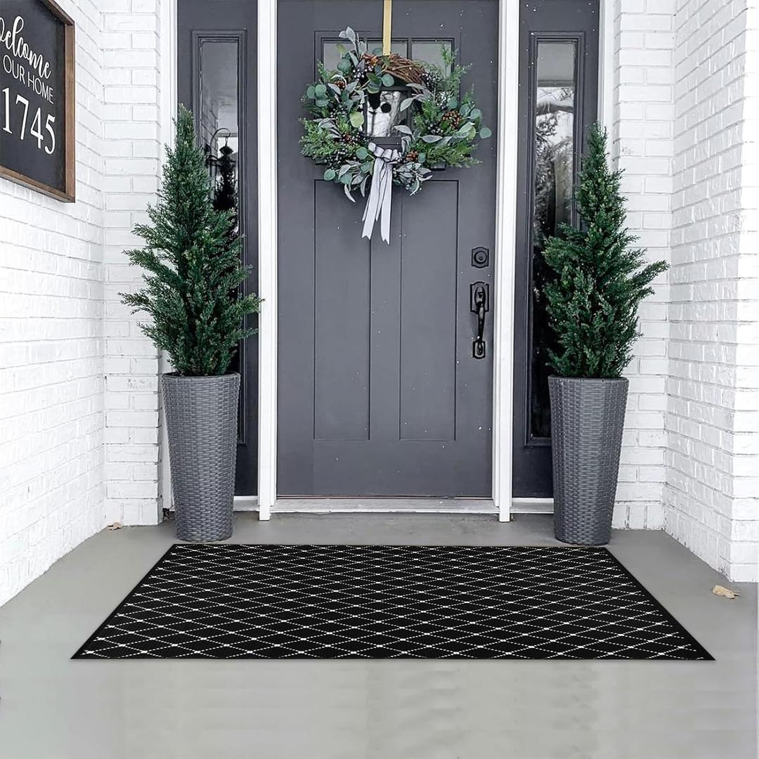 Black Front Porch Rug 23.6"x51.2" Boho Outdoor Rug Door Mat Cotton Hand Woven Rug for Front Porch Decor Reversible Washable Welcome Layered Doormat for Farmhouse Entryway Kitchen Patio