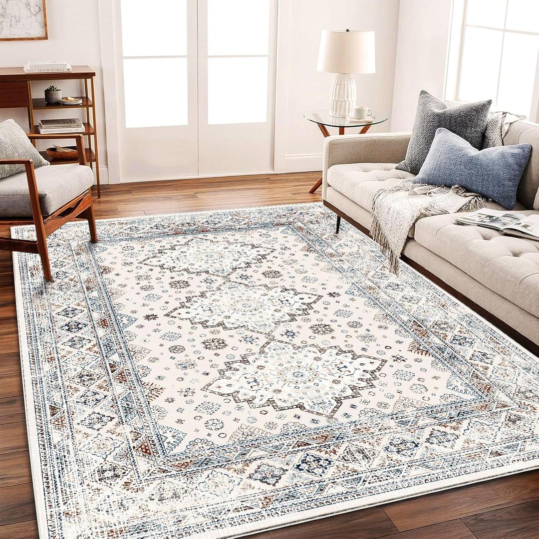 Washable Area Rug 8x10 Retro Flowers Boho Design Non-Shedding Easy Care Ideal for High Traffic Areas in Living Room Bedroom Office Coffee Table Kitchen Large Carpet (Blue and Gray)