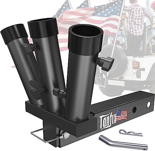 Tanfix Foldable Triple Hitch Mount Flagpole Holder | All Metal Heavy- Duty, Fits Standard 2" Trailer Hitch, Compatible with Jeep, Truck, SUV, RV, Pickup, Camper Trailer (Triple Flagpoles)