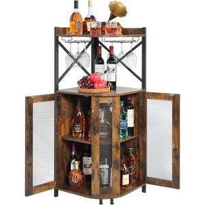 JKsmart Corner Bar Cabinet with Glass Holder, Industrial Cabinet with Mesh Door,4-Tier Cabinet with Open Shelf, Farmhouse Home Bar for Liquor and  Storage, Rustic Brown