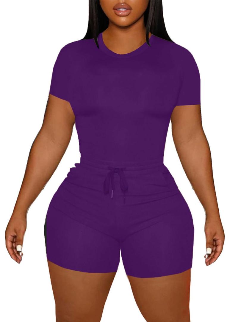 LovelyWholesale Short Sets Women Summer 2 Piece Outfits Casual Workout Sets Dark Purple Small (Purple, S)