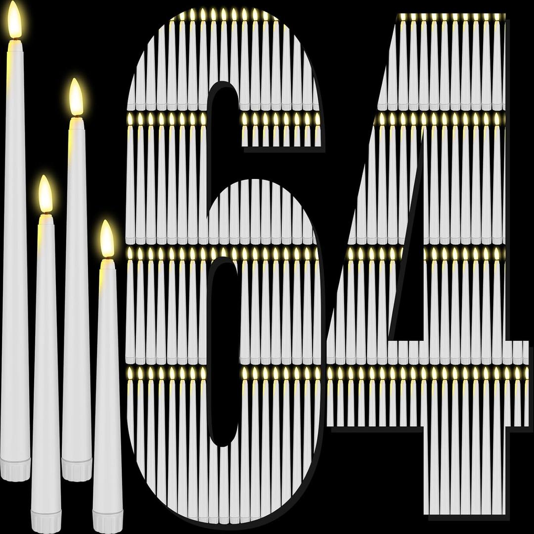Rossesay 64 Pcs Wedding Flameless LED Taper Candles Battery Operated Candles 4 Sizes of 8.5'', 9.65'', 10.83'', 12.8'' Candlesticks Flickering for Halloween Christmas Church Wedding(White)