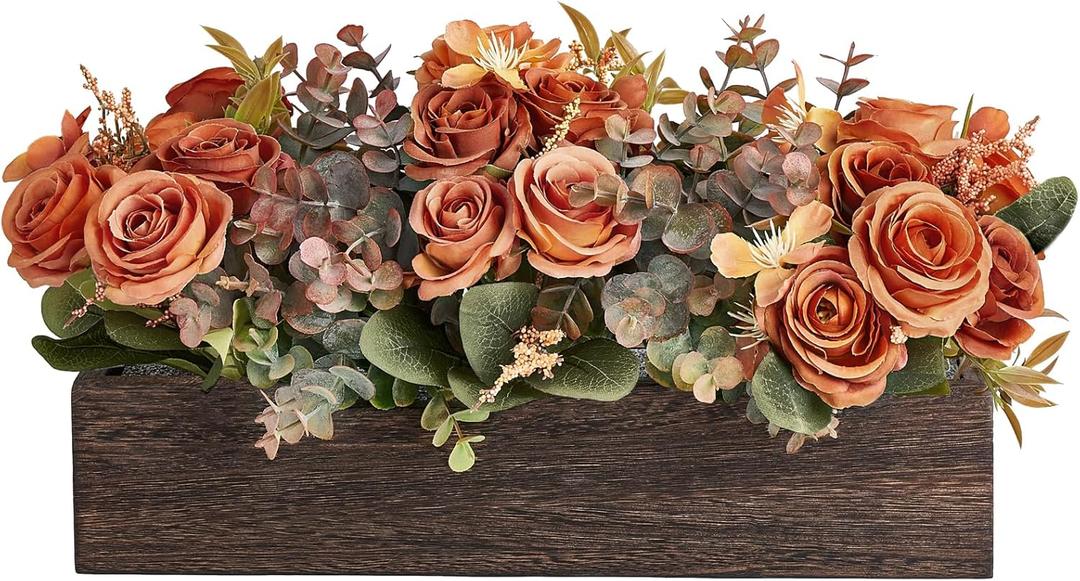 Dahey Centerpiece Table Decorations for Dining Room Farmhouse Living Room Fall Table Centerpieces Decor Wood Tray with 3 Artificial Flowers and 2 Eucalyptus for Kitchen Table, Orange