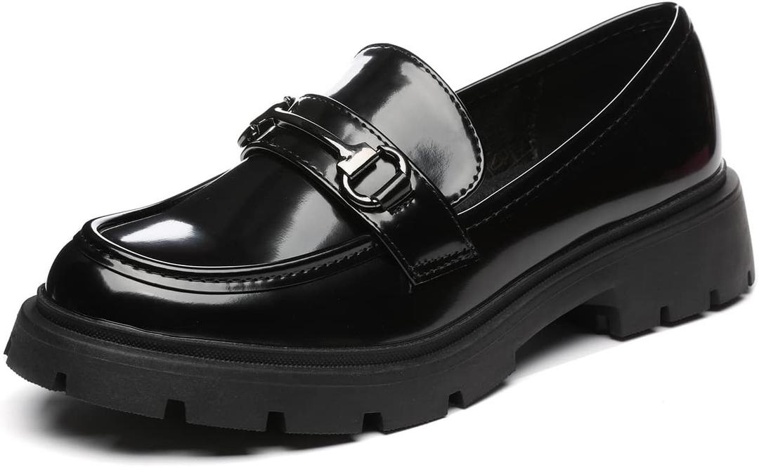 Women's Chunky Platform Loafers with Buckle Patent Leather Black Penny Loafers Fashion Office Work Business School Dressy Casual Shoes Comfortable Slip-on (9.5)