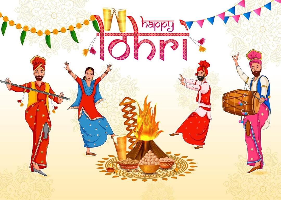 CORFOTO 7x5ft Fabric Happy Lohri Festival Backdrop Cartoon Indian People Punjabi Religious Holiday Background for Harvesting Festival Party Decorations Banner Kids Adults Photo Props