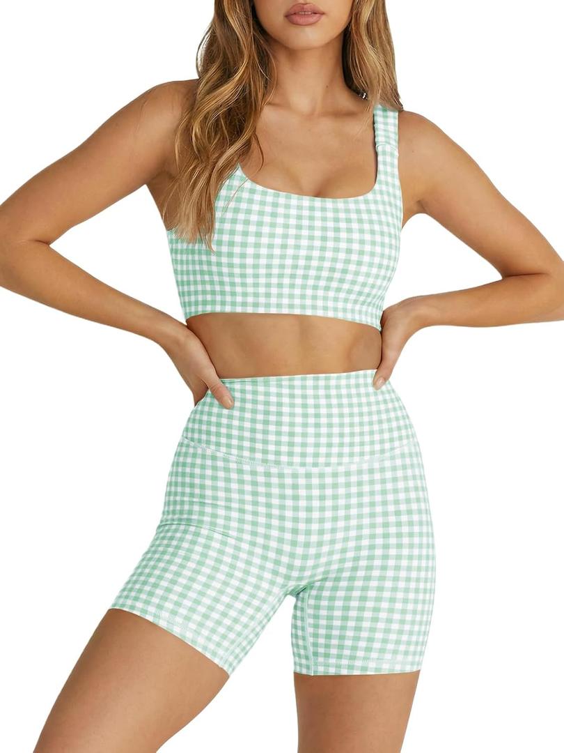 Aoysky Womens Workout Gingham 2 Piece Outfits Padded Open Back Crop Tank High Waist Sports Shorts Sets Yoga Matching Sets (Green, L)