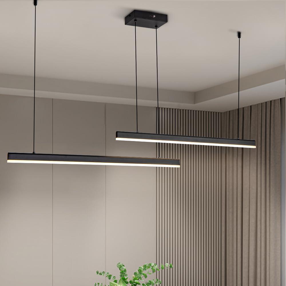 JC TOPA Modern Pendant Light Fixture Dimmable LED Linear Pendant Lights with CCT Switch Can Change 3000K-6000K, 2-Light Black Chandelier for Kitchen Island Dinning Room Living Room