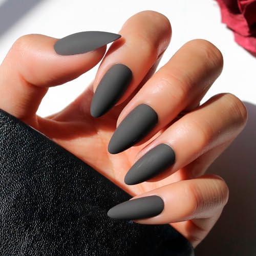 Glamnetic Press On Nails - Red Bottom | Red Accent Dual Side Medium Almond Fake Nails with a Black Matte Finish, Salon Quality Halloween Nails | 15 Sizes - 20 Nail Kit with Glue