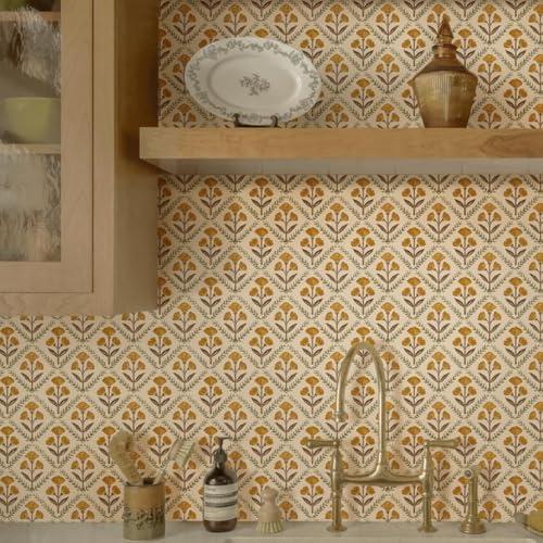 Dimoon 17.3''x78.7'' Peel and Stick Wallpaper Floral Cute Contact Paper Vintage Village Country Cottage Wallpaper Farmhouse Yellow Beige Renter Friendly Geometry Waterproof Embossed Kitchen Bedroom