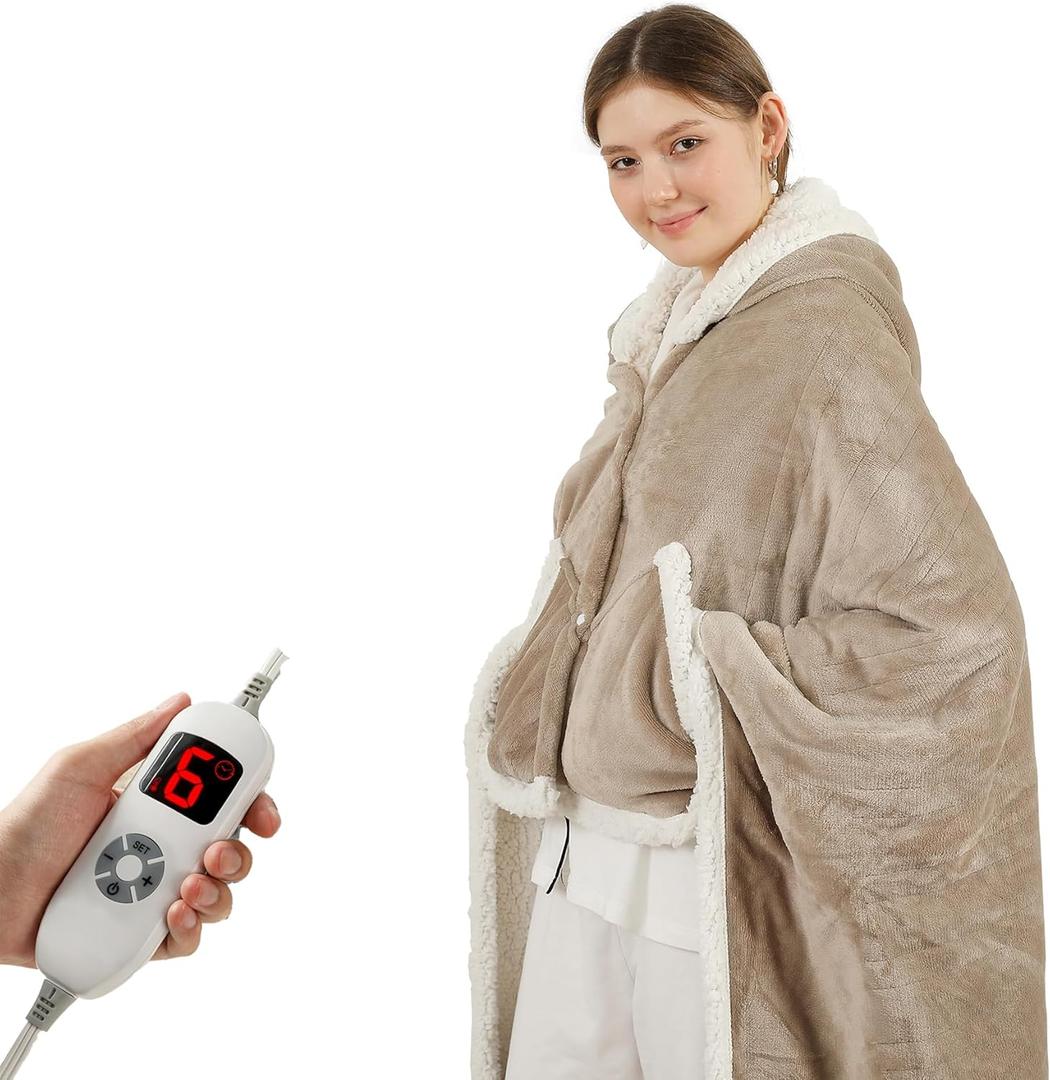 Heated Blanket Wearable Shawl Electric Throw, Heated Wrap with Pockets, Poncho Blanket Hoodie for Adult, 6 Heat Settings & 1-4H Timer Auto Off, Gift, 50 * 64", Camel