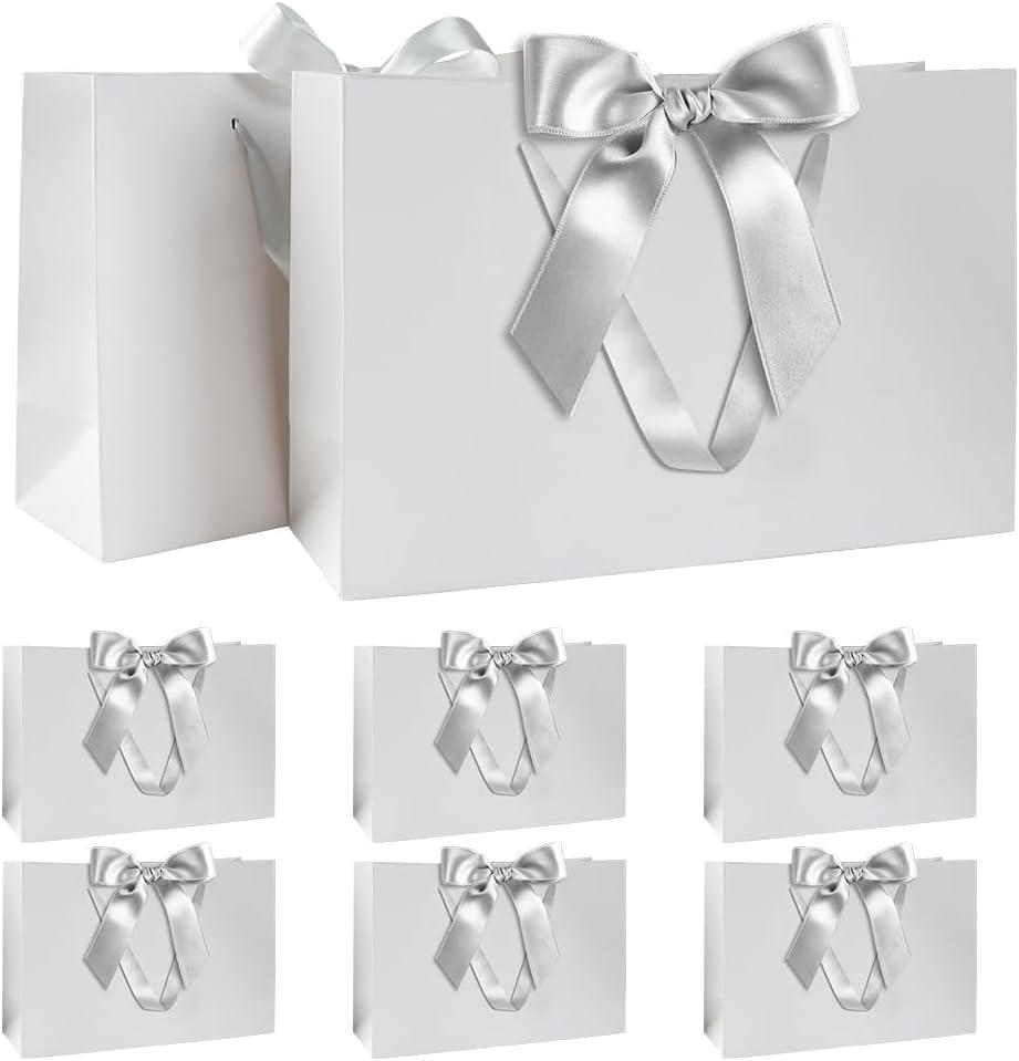 SKEFOLI Gift Bags White Gift Bags with Ribbon Handles, Set of 8, 30x20x10 cm, Ideal for Birthday gift bag, Anniversaries wedding gifts