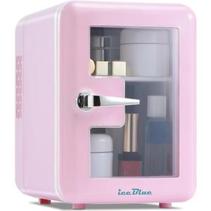 Iceblue Skincare Fridge with Viewing Window, 4L/6Can Makeup Mini Fridge for Bedroom, 110V AC/ 12V DC Refrigerator Cooler & Warmer for Car, Office & Dorm, Small Fridge for Cosmetics, Skin Care-Pink