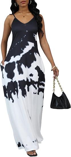BessCops Summer Maxi Dresses for Women 2025 Plus Size Sundresses Casual Fashion Sleeveless Loose Long Sexy Dress with Pockets, 33floral Black and White, XL