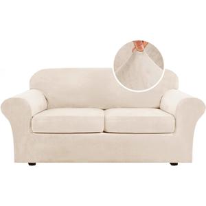 H.VERSAILTEX Real Velvet Plush 3 Piece Stretch Sofa Covers Couch Covers for 2 Cushion Couch Sofa Slipcovers Width Up to 90 Inch Feature Thick Soft Stay in Place (Sofa, Cream)