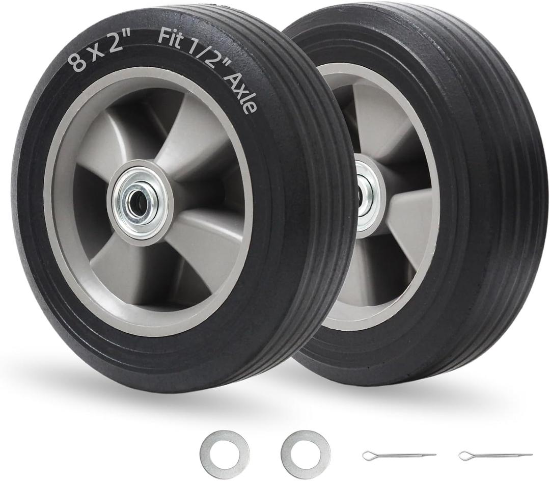 GICOOL 8" x 2" Solid Rubber Flat-Free Tire and wheel, with Ball Bearings and 1/2 Axle Bore Hole, 2" Offset Hub, For Hand Truck Dolly Trolley Garden Wagon Cart Generator Replacement Tire, 2 Pack