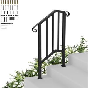 Hand Rails for Outdoor Steps-Adjustable Angle 1-2 Steps Stair Handrail-Galvanized Alloy steel-600 lb LC-Indoor Stair Railing Kit-Waterproof Exterior Porch Railing-Deck HandRail for Concrete Wood Step