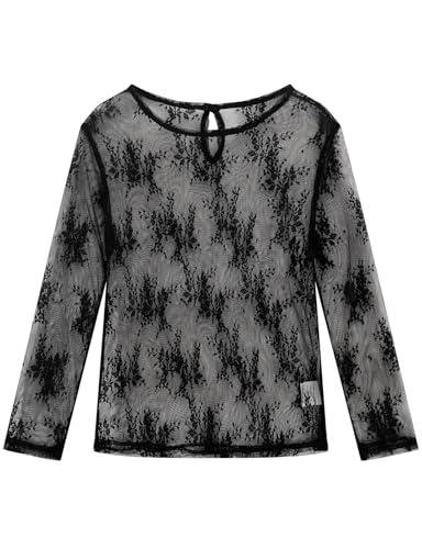 Noomelfish Girls Lace Long Sleeve Layering Tops Sheer Mesh Tee Shirts Blouse, Floral Black, Size 5-6 Years
