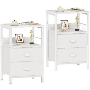 Furologee Nightstands Set of 2, End Table with 2 Fabric Drawers, Night Stand with 2 Hooks, Open Wood Shelf Bedside Table for Bedroom/Living Room/White