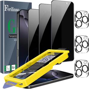 Ferilinso [Auto Dust Install] 3 Pack Privacy Screen Protector for iPhone 16 Pro Max [Phone Case fit], 3 Tempered Glass Camera Lens Accessories for Apple