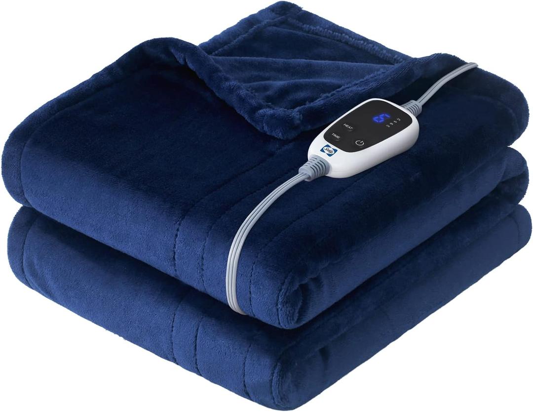 Sealy Electric Blanket Throw, Soft Flannel Heated Blanket with 6 Heat Settings & 2-10 Hours Auto Shut Off, Fast Heating & Machine Washable, 50x60 Inch, Navy (Throw Size 50" x 60")