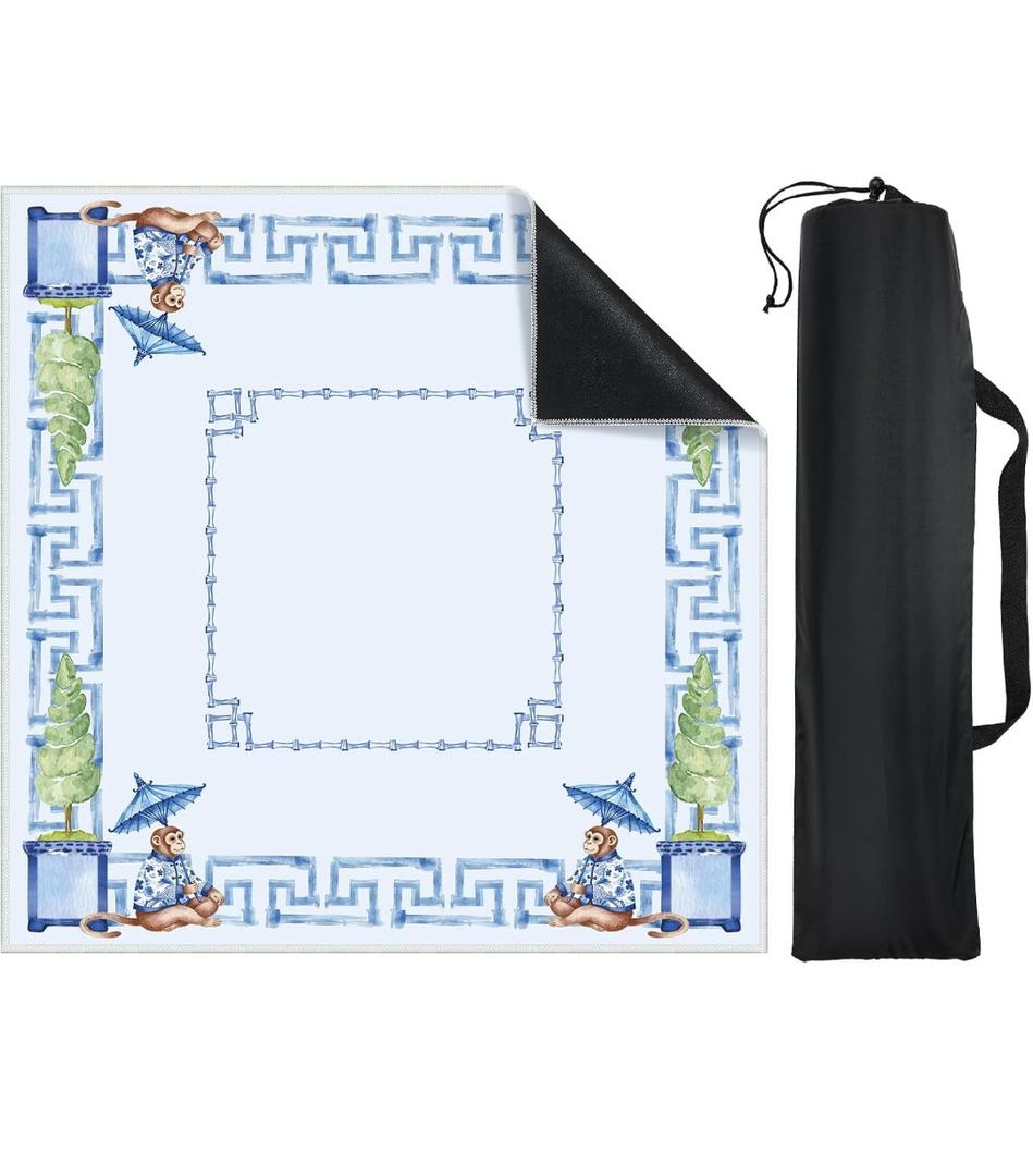 Chinoiserie Mahjong Mat for Table, American Mahjong Mat with Carry Bag, 31.5 x 31.5 Inch, Anti-Slip, Noise-reducing Gaming Table Cover for Poker Board Dominoes Card Games(Blue Monkey)
