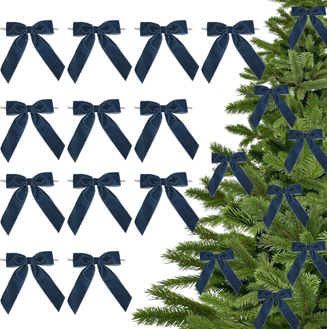 3.5" Navy Blue Pre Tied Bows Velvet Ribbon Bows, Gift Bows for Presents, Ribbon Bows with Twist Ties for Wreaths, Christmas Tree, Treat Bags, Party Decor, Christmas Package Bows-12 Counts