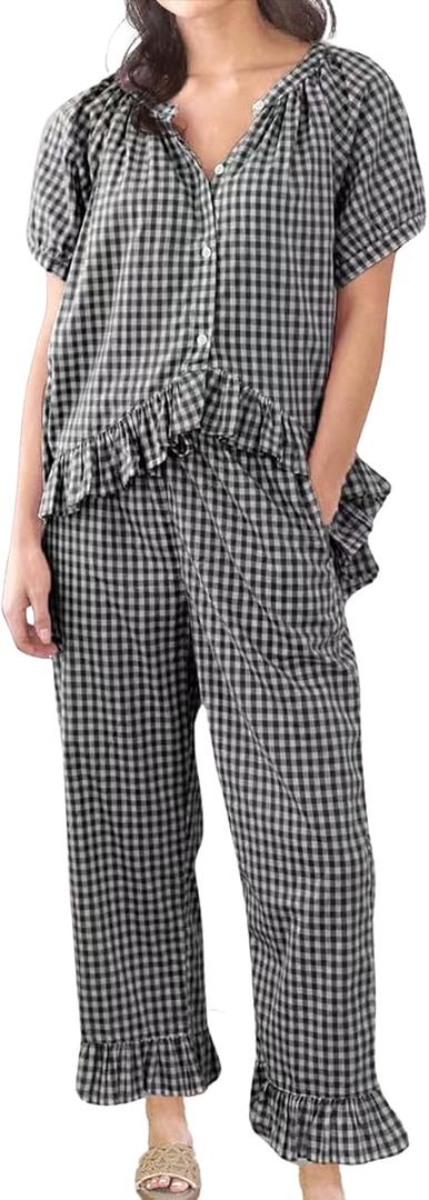 Womens Gingham Pajama Set 2 Piece Short Sleeve Babydoll Shirt and Pants Lounge Set Cute Sleepwear M