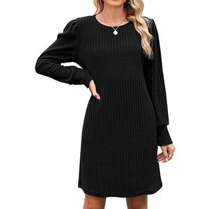 Naggoo Fall Dresses for Women 2025 Knit Crew Neck Tunic Dress Casual Winter Long Sleeve Sweater Dress with Pockets, Small, Black 
