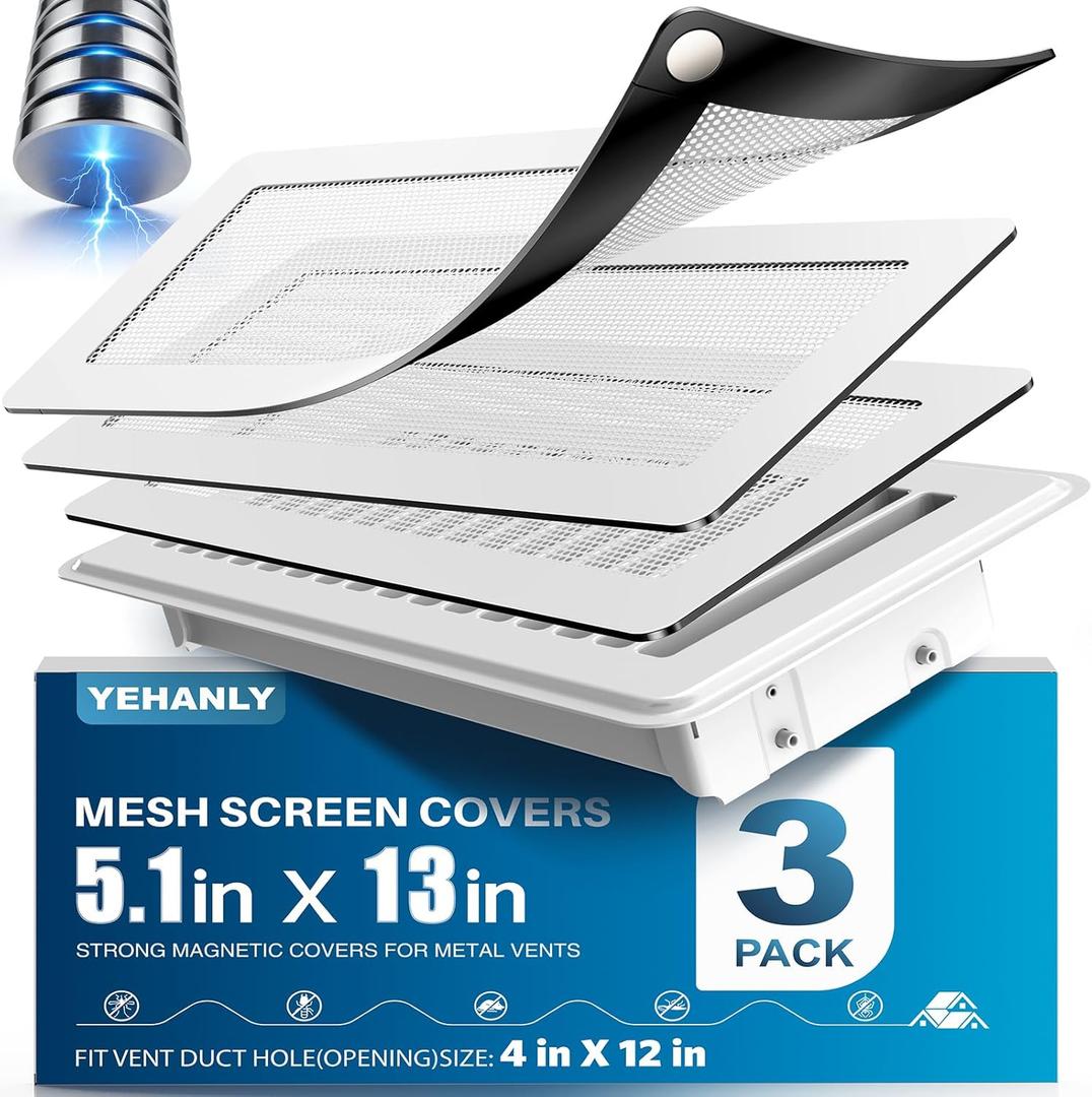 Magnetic Vent Covers with Vent Screen 5.1x13 Inch, White Mesh Vent Covers for Floor, Wall, Ceiling Air Vents, Ventilate While Prevent Objects from Entering, Air Vent Filters 3 Pack