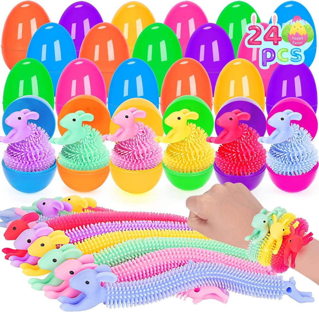 24 Pack Easter Eggs Filled with Bunny Stretchy Strings, Easter Basket Stuffers Fillers with Fidget Toys, Party Favors, Classroom Prizes, Ideal Gifts for Boys Girls