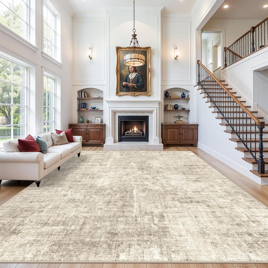 12x15 Area Rug for Living Room – Extra Large Modern Neutral Abstract Washable Carpet, Soft Low Pile Non-Slip Stain-Resistant Oversized Rug for Bedroom Dining Room Home Office (Warm Beige)