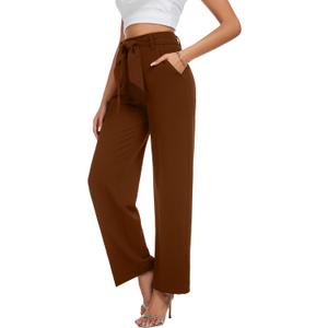 Women's Casual High Waisted Wide Leg Dress Pants with Pockets and Belt (Brown, M)